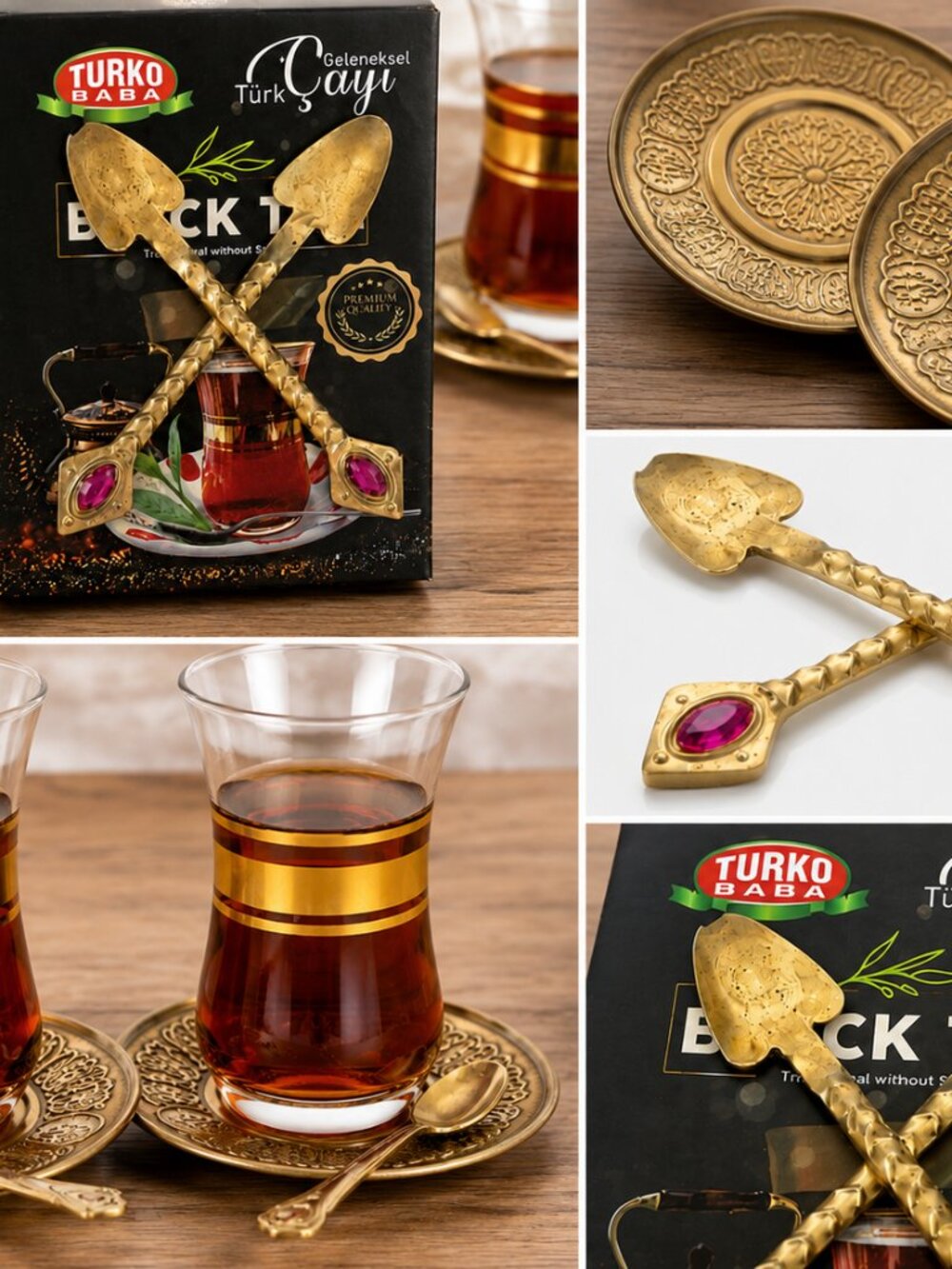Turkish Tea Serving Set – New Glass & Metal Tea Set with Decorative Saucers